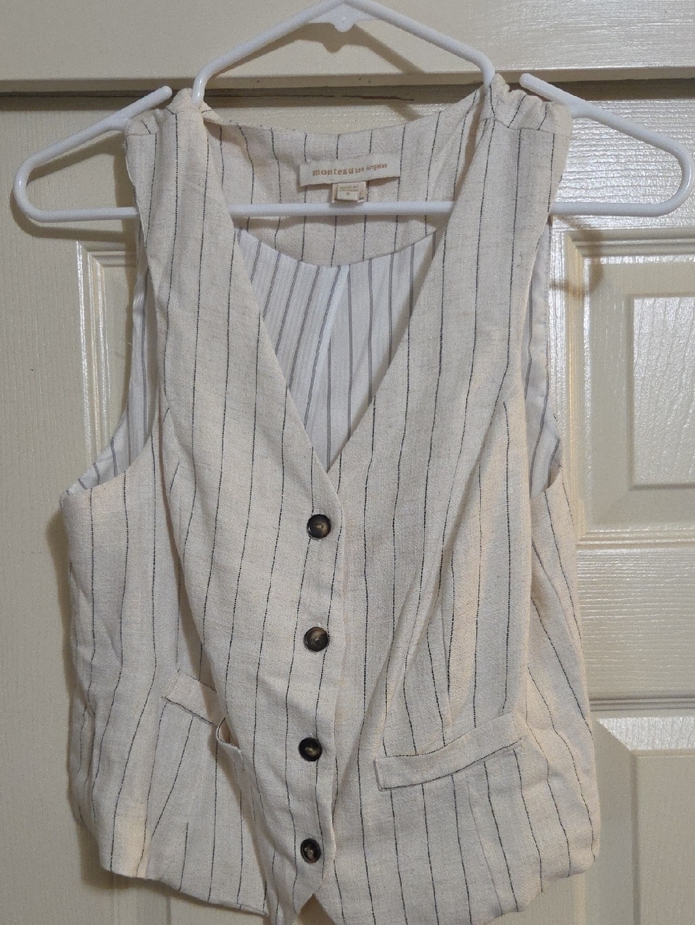 Monteau Cream Vest with Thin Navy Stripes